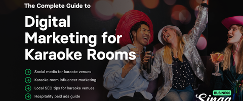 Three people wearing hats enjoying karaoke with microphones and drinks. Text highlights a guide on digital marketing for karaoke rooms.