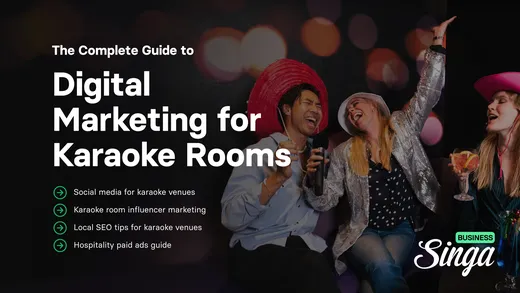 Three people wearing hats enjoying karaoke with microphones and drinks. Text highlights a guide on digital marketing for karaoke rooms.