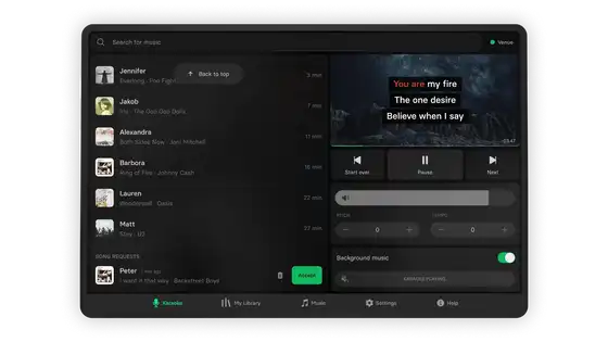 The Singa Business interface on a tablet, showing the song queue and lyrics