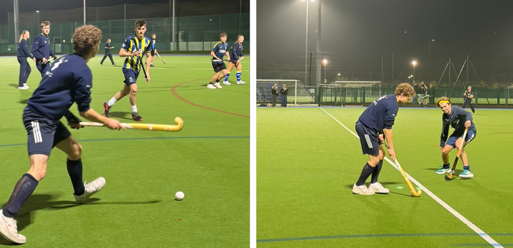 Split image of players in navy kits playing hockey on a floodlit turf, two players contesting a white ball with yellow sticks
