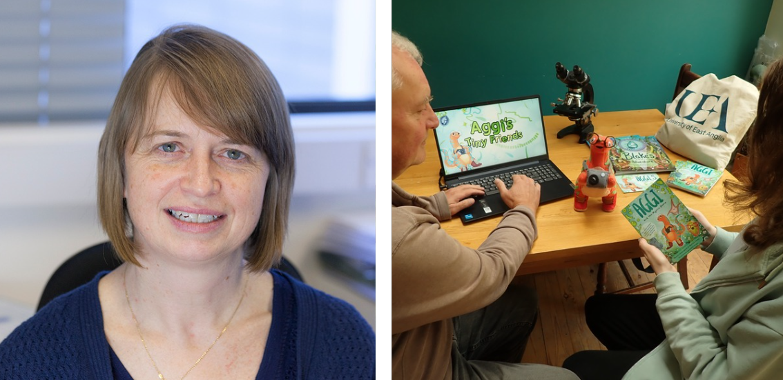L-R: Prof Harriet Jones, Dr Ian Senior and Autumn showing off the Aggi's Tiny Friends game