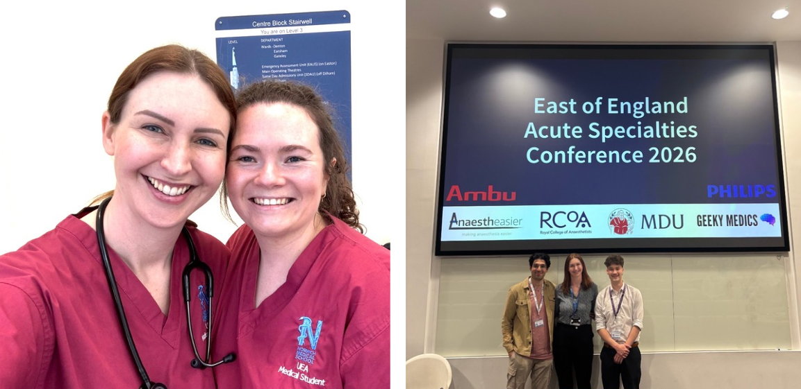 A UEA medical student's journey: smiling on placement in scrubs and attending the East of England Acute Specialties Conference 2026.