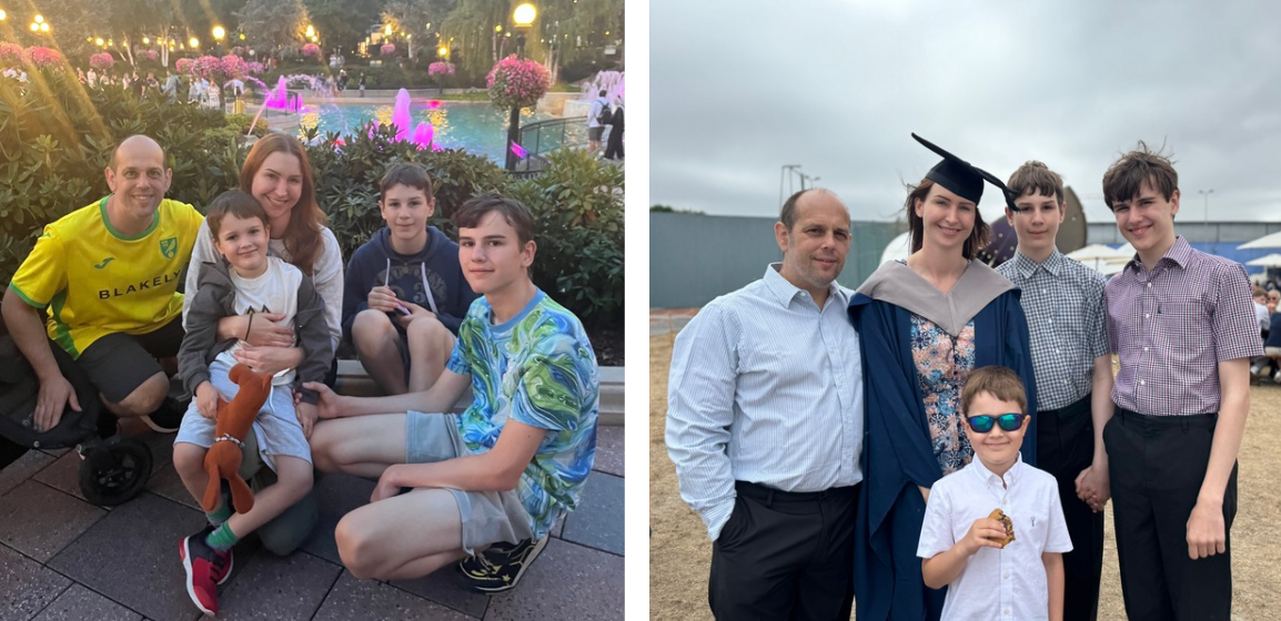 A split image of a family of five with a mother, father and three sons; on the left, a casual evening out, and on the right, celebrating the mother's university graduation day.