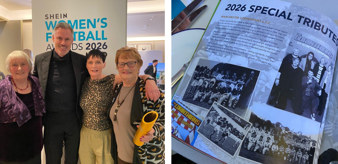 Two images, one showing Manchester Corinthians Ladies FC players at an awards ceremony and a tribute programme detailing their role in women's football.