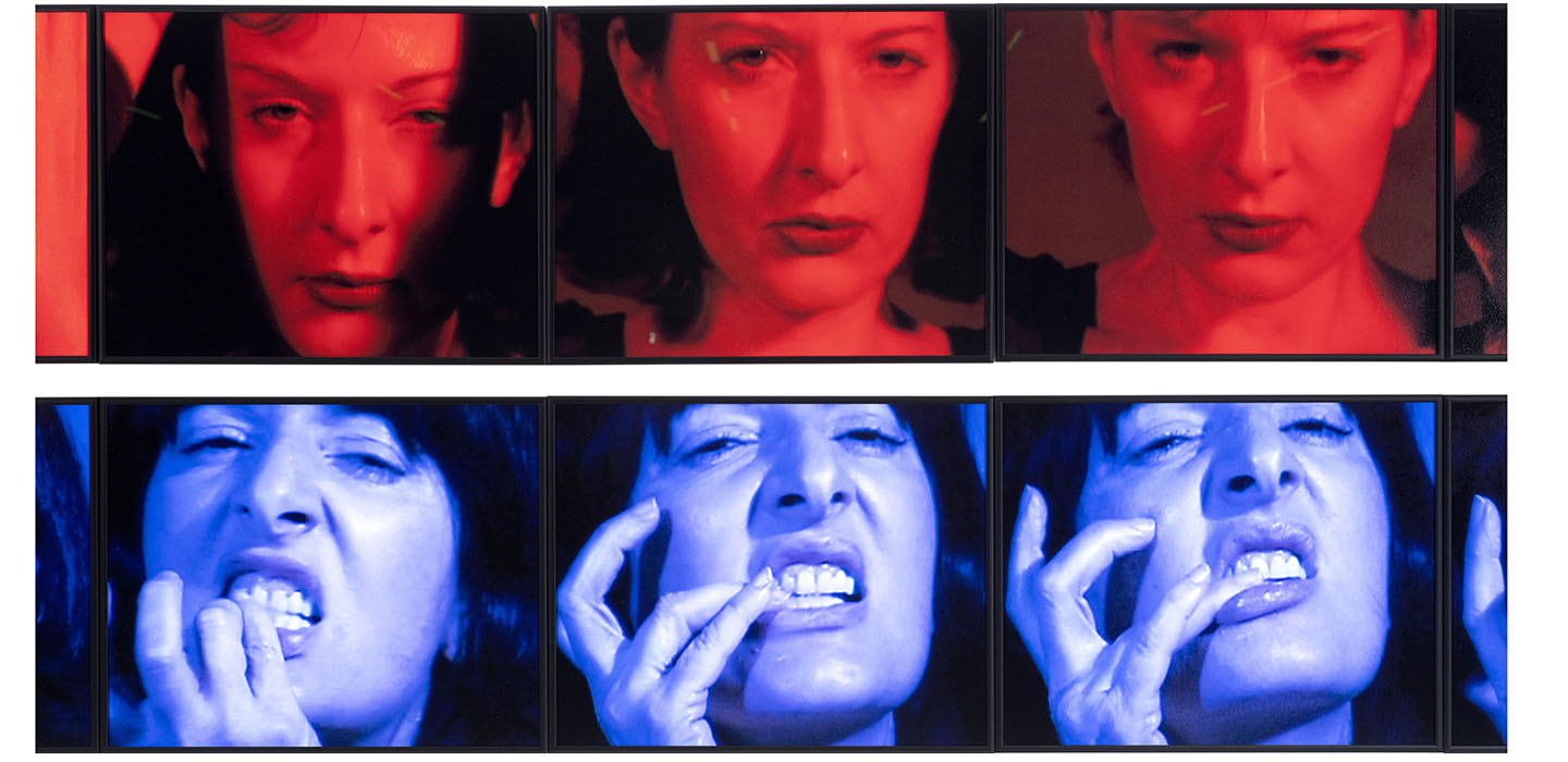 A six-panel art piece. Close-ups of a woman's face are lit in intense, contrasting red and blue light.