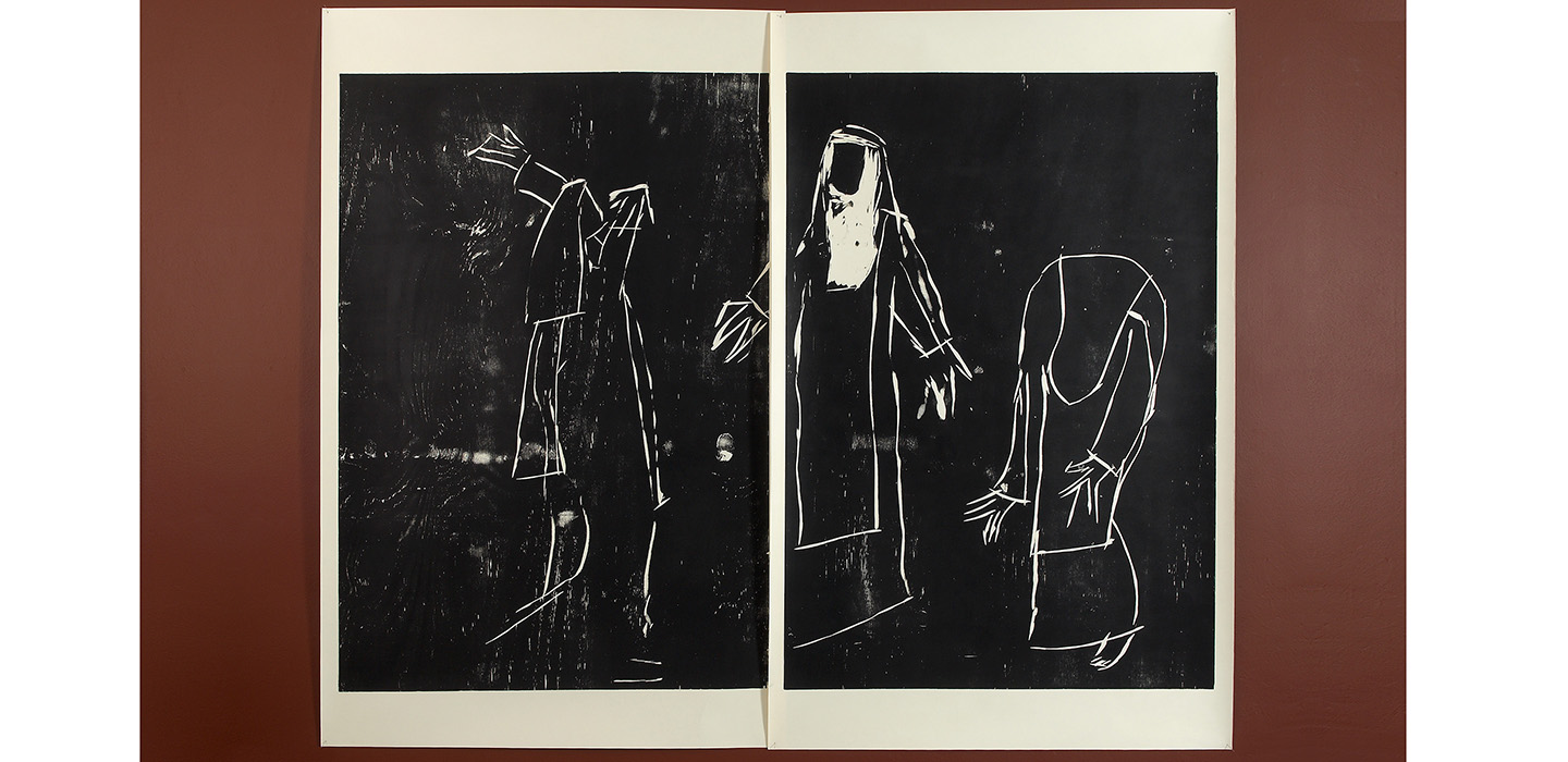 A two-panel black and white print, showing three stylised human figures created with white lines.