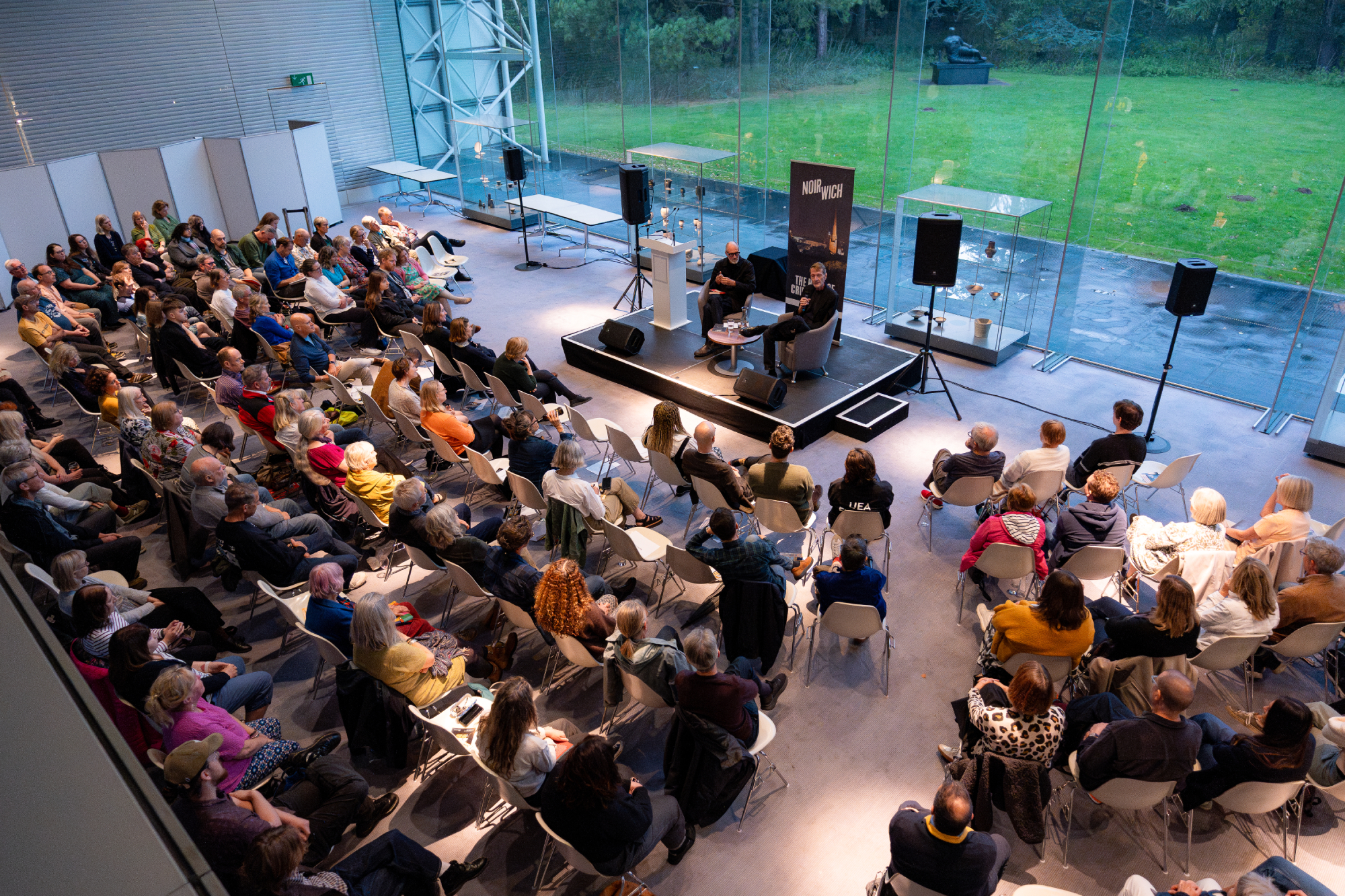 Lee Child addressing the audience at a Noirwich event in the Sainsbury Centre.