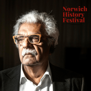 Tariq Ali poster with the words 'Norwich History Festival' in red font