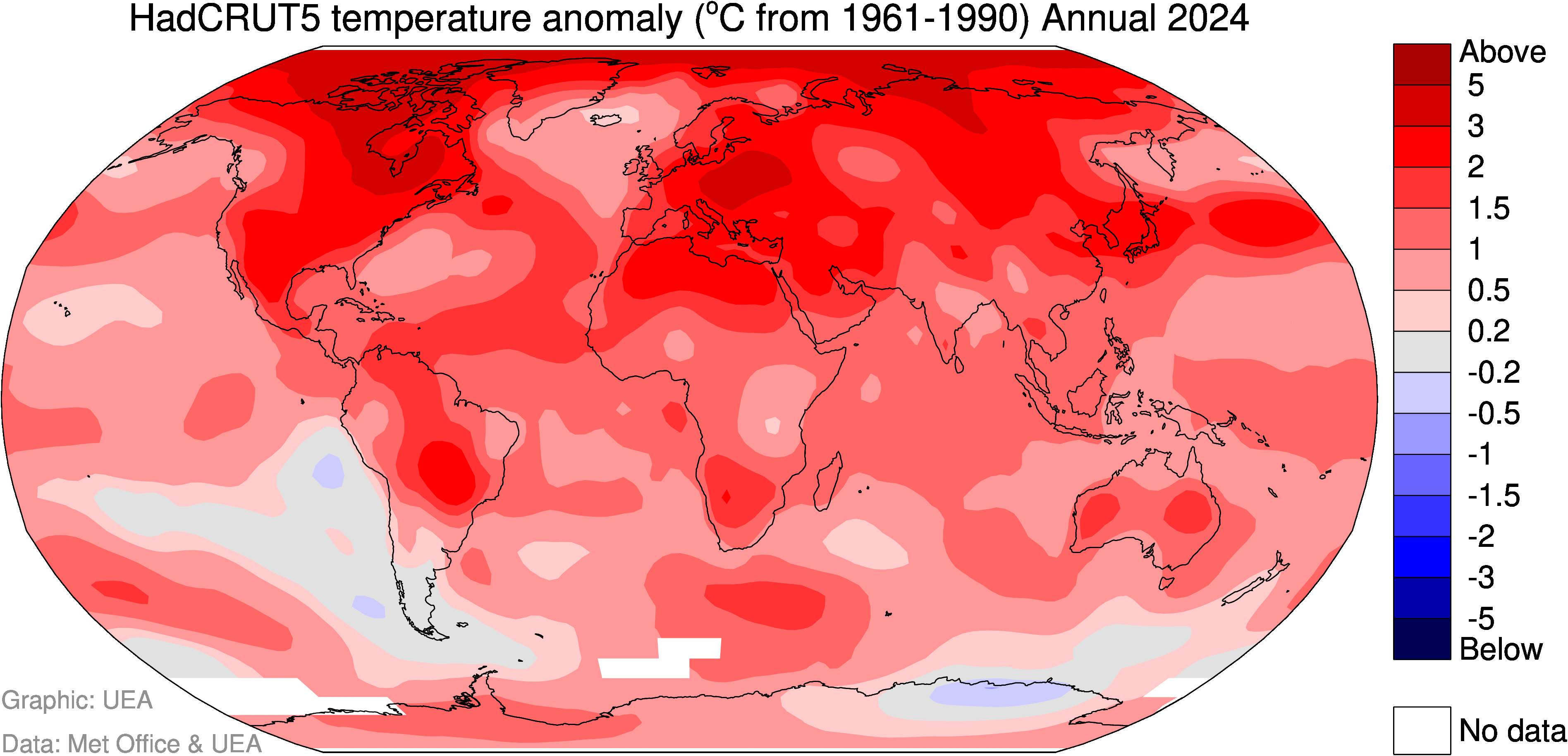 A map of the world showing in different shades of red where the warmest temperature anomalies were in 2024