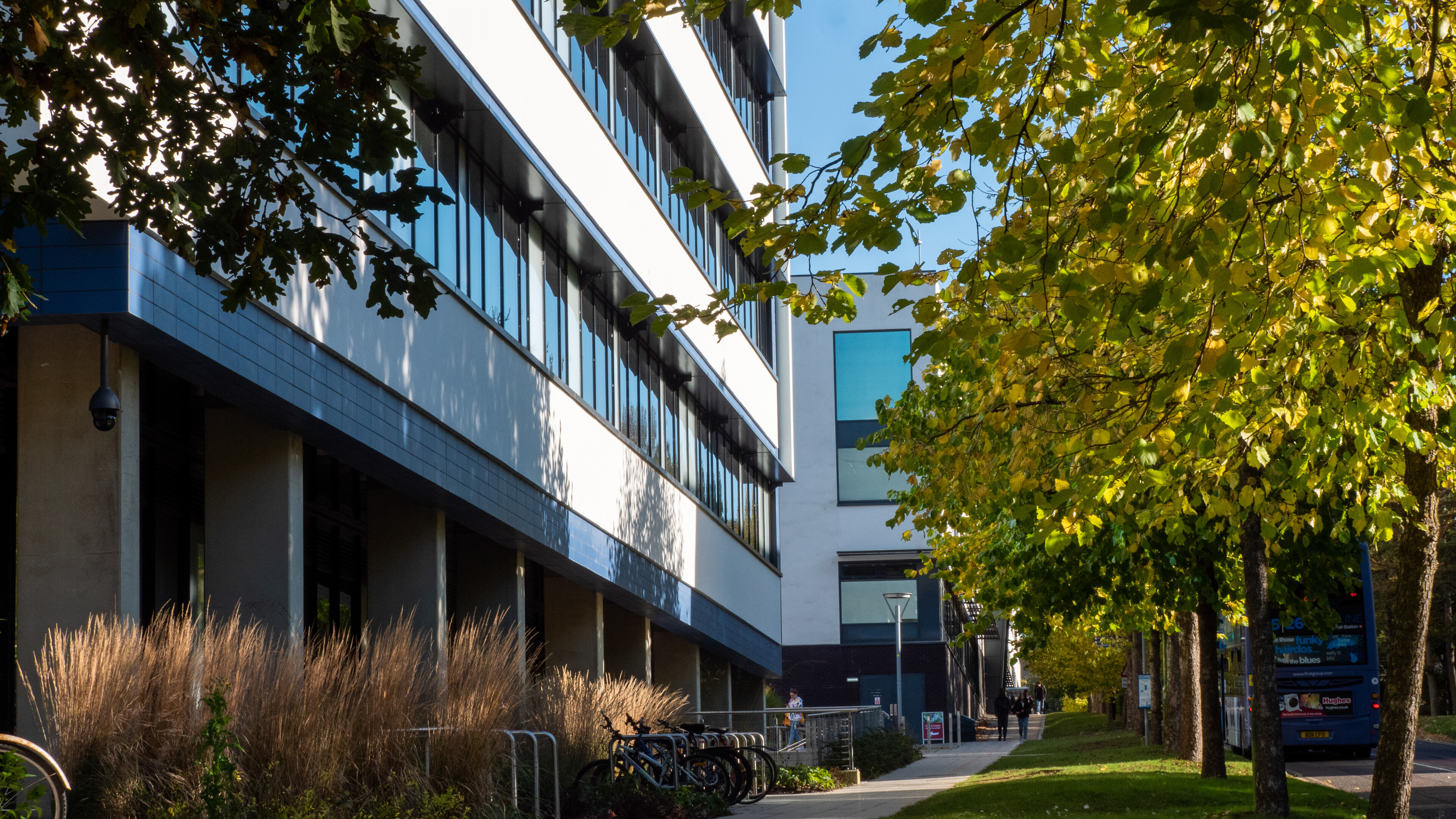 Looking up Chancellors Drive with The New Science Building on the left.