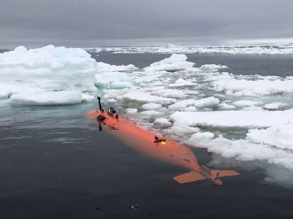 The underwater vehicle, ‘Ran’, floats in icy water