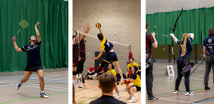 Three sports scenes: a person playing badminton, men playing volleyball, and archers aiming at targets in an indoor arena