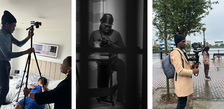 Three images: Ayoola adjusts a tripod indoors, Ayoola sitting down in monochrome, and Ayoola filming outdoors by a river
