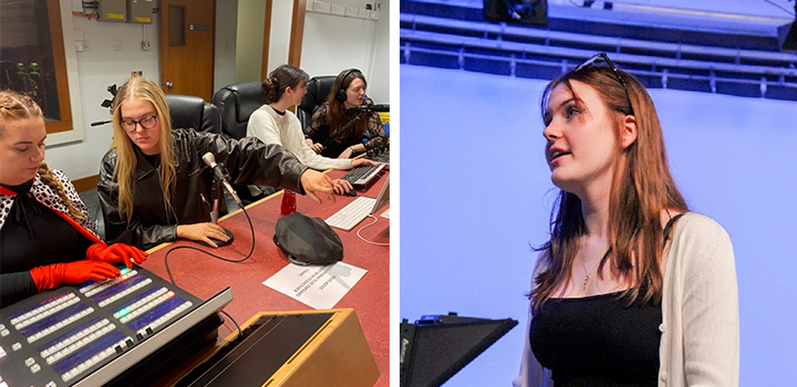 Left: People operating audio-visual equipment in a control room. Right: Abigail Hennis speaking on stage with a blue background.