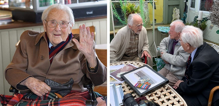 L-R: Fin's visit to Ray Parke on his birthday; Ray with two other World War II veterans