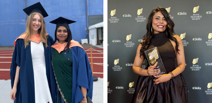 Two women smiling at graduation in navy robes and coral collars, a woman in a black dress holding a Royal Television Society award