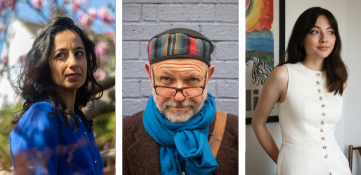 Three people in separate portraits: a woman in a blue top outside, a man wearing glasses, a colourful hat and a blue scarf, and a woman standing in a white dress with arms behind her back