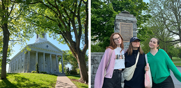 Image left: a historic building with columns; right, three people smiling in front of a Middlebury College sign, surrounded by trees