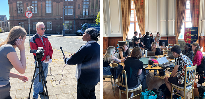 L-R: Three people outside, one is filming with a camera, the other is holding a microphone and interviewing a man in a red jacket; a group of students seated, working on laptops around a table