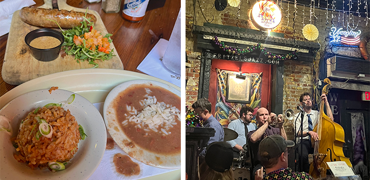 Left - New Orleans cuisine; right: a jazz band performing in a cozy, decorated venue