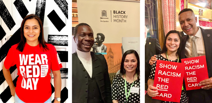 Seema wearing red for Wear Red Day 2024; Ugbana Oyet, Serjeant at Arms of the House of Commons, and Seema at last year's Black History Month event at the Speaker’s House; Seema with Norwich South MP Clive Lewis