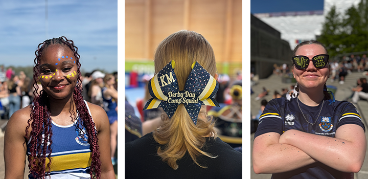Three people in sports attire, one with face paint, one with a bow labelled "Derby Day Comp Squad," and one sunglasses and their arms crossed
