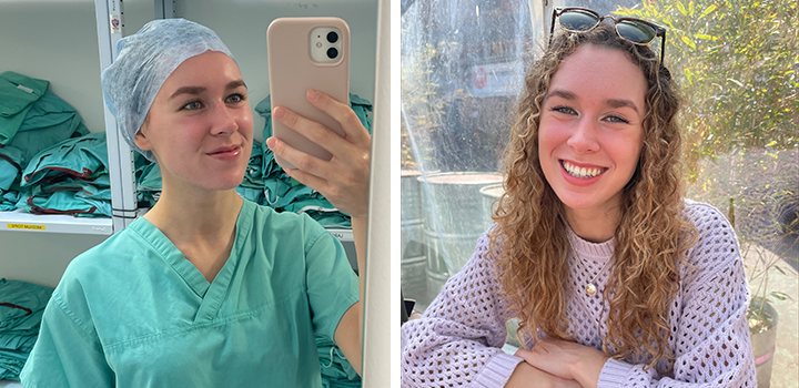 Split image: Left shows a person in green scrubs and a hair net taking a selfie; right shows the same person smiling outdoors in casual attire.