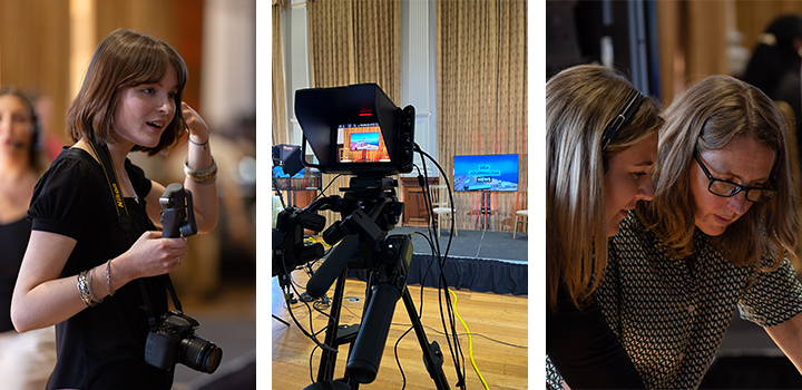 L-R: A student in black holding a professional camera; a news camera directed at a screen displaying 'UEA JOURNALISM NEWS'; two people are looking down at something, one is wearing black glasses