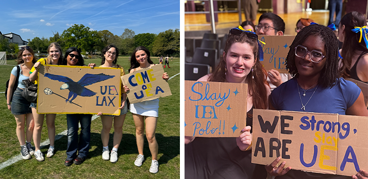 Two groups of people holding handmade signs supporting UEA, with messages like "UEA LAX" and "We are strong, slay UEA."