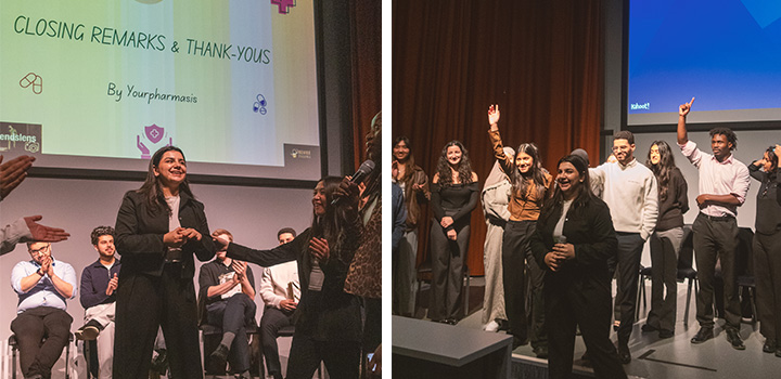 Image L-R: Lana Ahmed Waly (middle) speaking at the conference; Lana Ahmed Waly (middle) with other student attendees