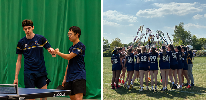 L-R: two men playing table tennis; a group of women in sports uniforms raising lacrosse sticks together outdoors