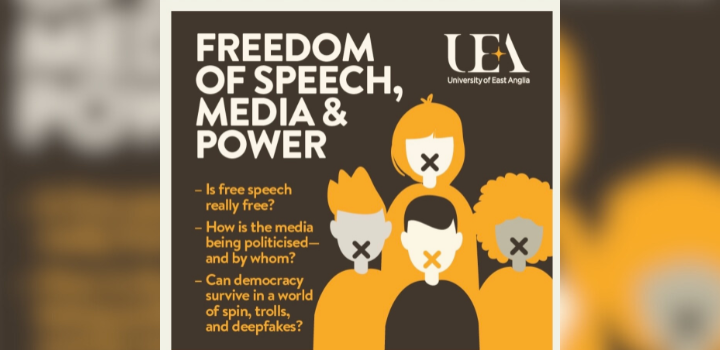 A UEA poster with yellow and black images of four silhouettes of people with X's on their mouths, the title is FREEDOM OF SPEECH, MEDIA & POWER