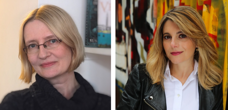 Two women are smiling at the camera, the one on the left wears glasses and sits indoors, the other is against an abstract art background.