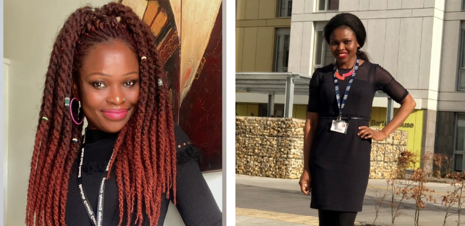 Two photos of a female student, smiling on the left in a close-up and standing confidently outside a modern university building on the right.