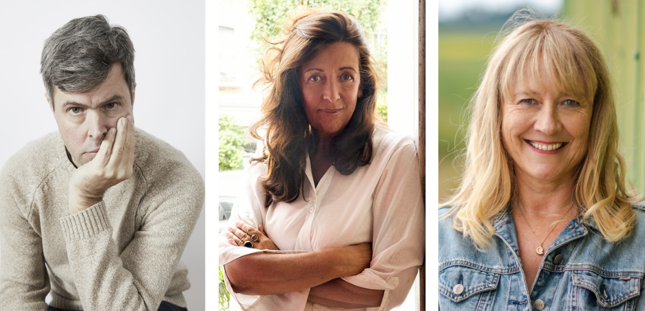 Headshots of a man in a sweater, a woman in a white shirt with dark hair and her arms crossed, and a smiling blonde woman in a denim jacket.