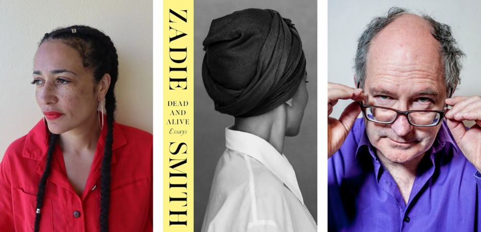 An image of a woman with two braids, red lipstick and a red shirt looking to the left, the cover of 'Dead and Alive Essays' by Zadie Smith, a man in a blue shirt is looking at the camera with glasses.