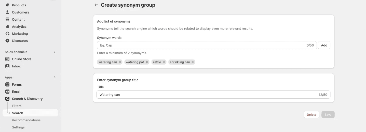 shopify store search - create synonym group