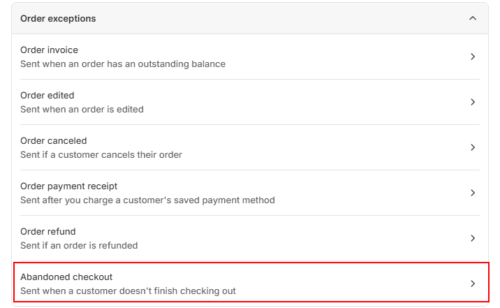shopify abandoned cart guide - Shopify settings