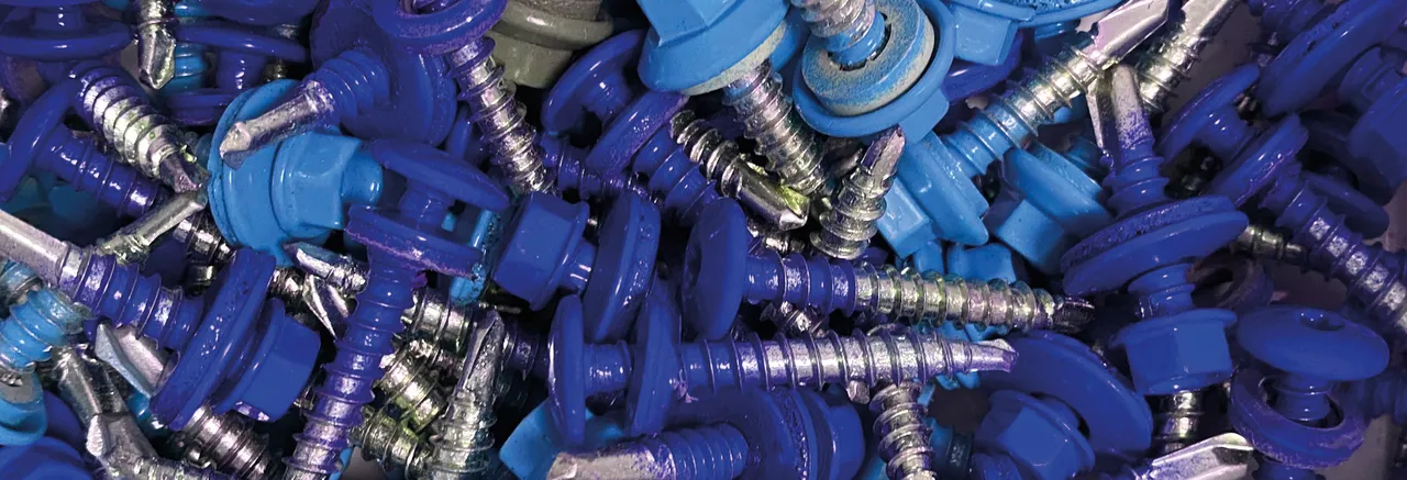 Ingezoomde afbeelding van blauw gepoedercoate schroeven.