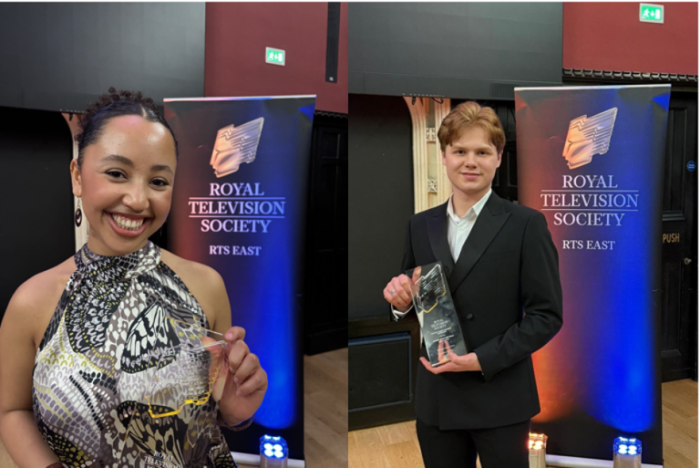 Kerena Cobbina (left) and Cameron Noble (right) at the Royal Television Society East Awards