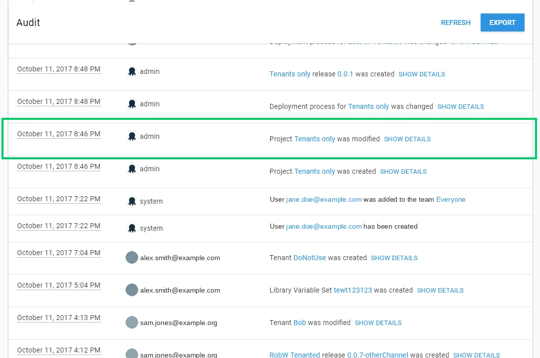 Octopus audit UI screen
