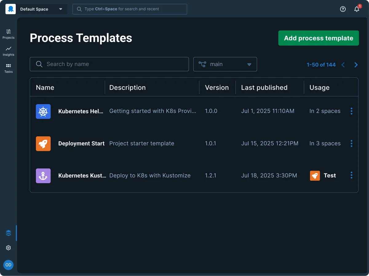 Octopus Deploy UI - Process Templates