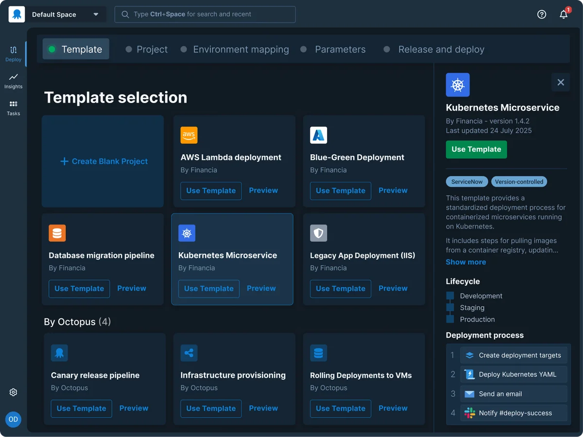 Octopus Deploy UI - Template selection