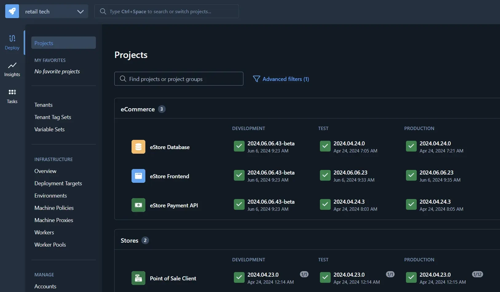 Octopus Deploy dashboard