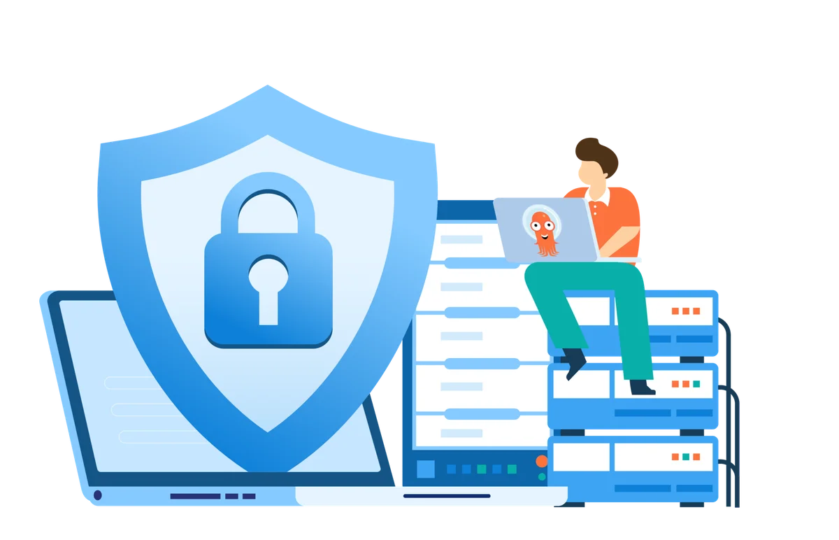 Illustration of a person sitting on servers, using a laptop with an octopus sticker, next to a large shield icon with a padlock, symbolizing cybersecurity.