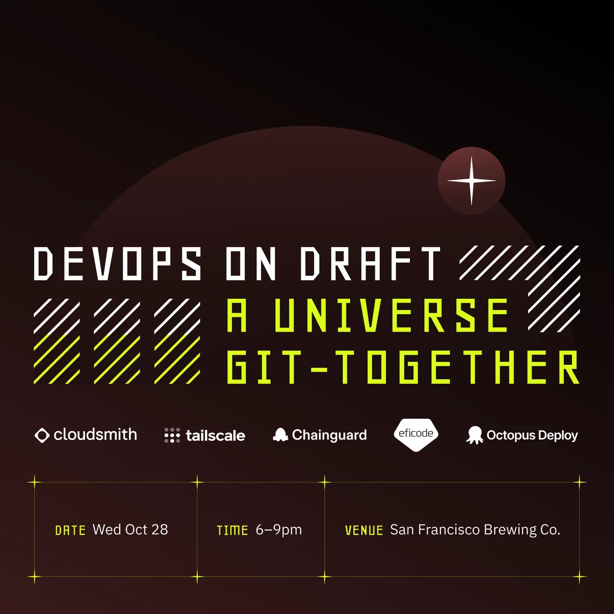 DevOps on Draft event flyer titled "A Universe Git-Together" on Wed Oct 28 from 6-9pm at San Francisco Brewing Co. with sponsors listed.