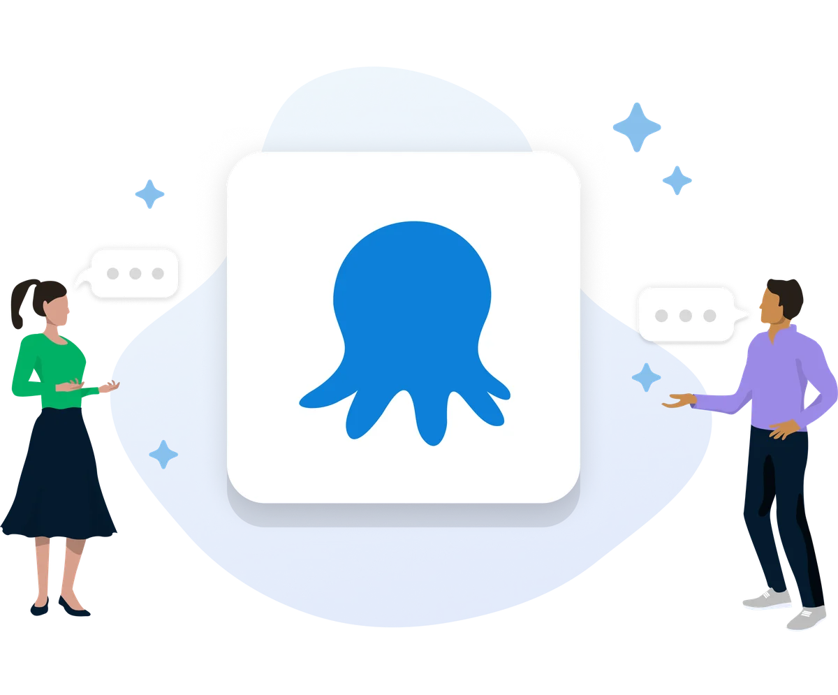 Graphic of two people talking over an octopus logo