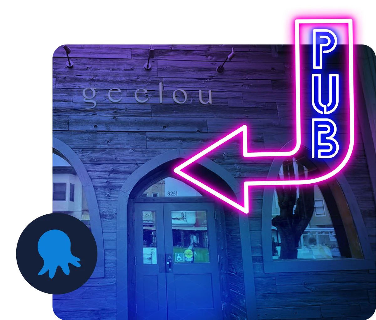 Picture of the facade of the bar Geelou and a pub sign