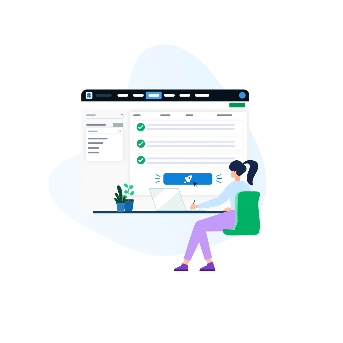 Person working at a desk with a product UI in the background