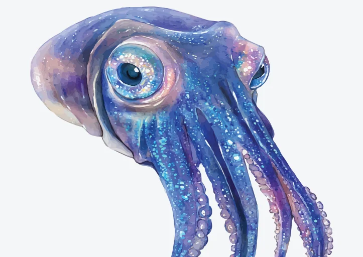 A vibrant illustration of a squid with shimmering blue and purple tones, showcasing large expressive eyes and detailed tentacles.